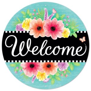12″Dia Metal Welcome W/Flowers Sign