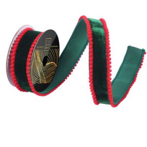 1.5″x10yd Emerald Velvet Red Pom Pom