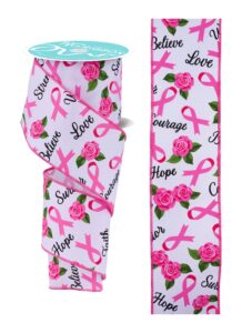 2.5″ x 10yd Breast Cancer Ribbon/Flowers
