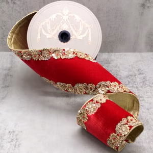 4″ x 5yds velvet gold jewel floral side trim