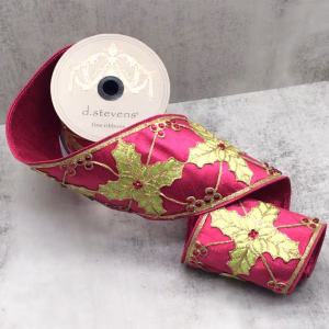 4″ x 5yds metallic dupion cut out jewel holly, hot pink apple green